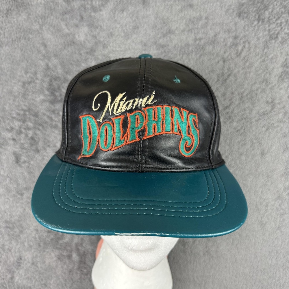 VTG Miami Dolphins Leather Snapback Hat Mens Black Teal NFL‎ Made In The USA